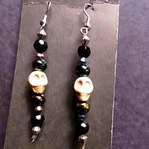 Handmade earrings small carved stone skull ivory in color w/glass beads
